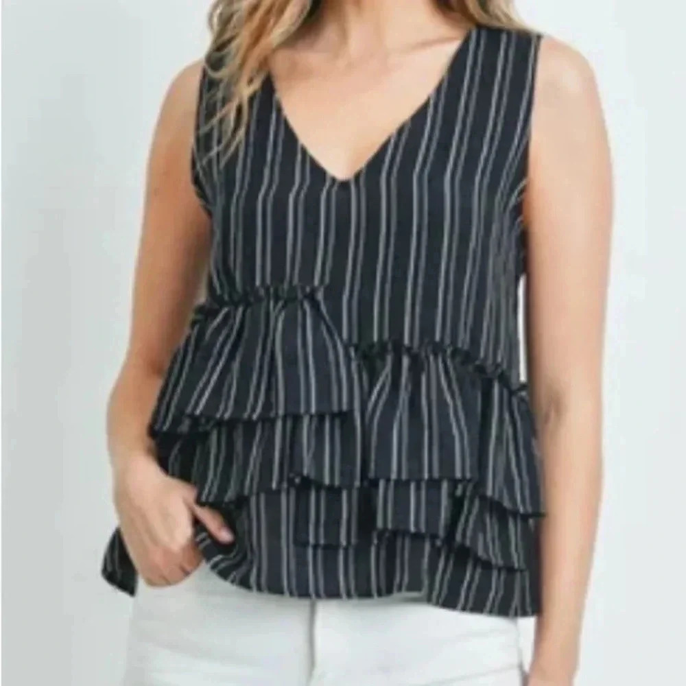 Fanco black and white assymetrical ruffle tank blouse small